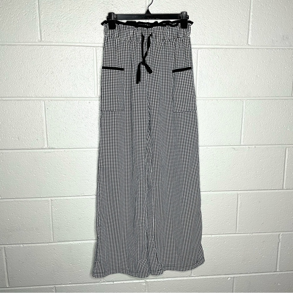 < Black & White Checkered Wide Leg Casual Pants > - Picture 2 of 3